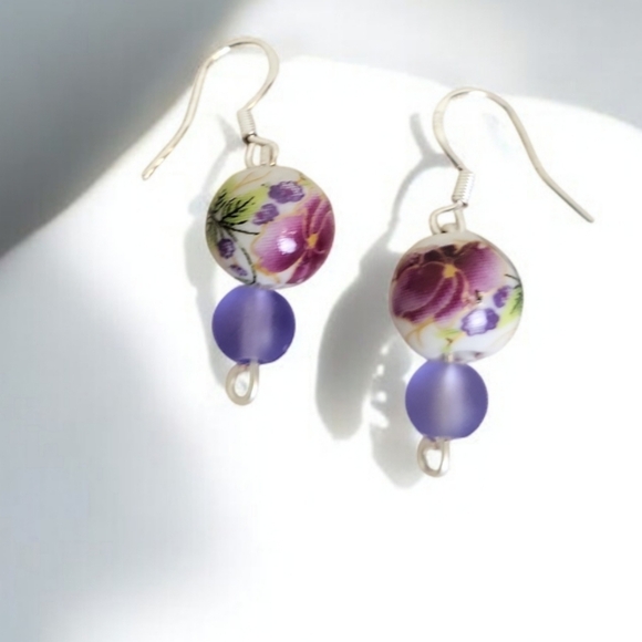 Vintage Inspired Peony Floral Ceramic Purple Frosted Glass Earrings - Picture 1 of 3